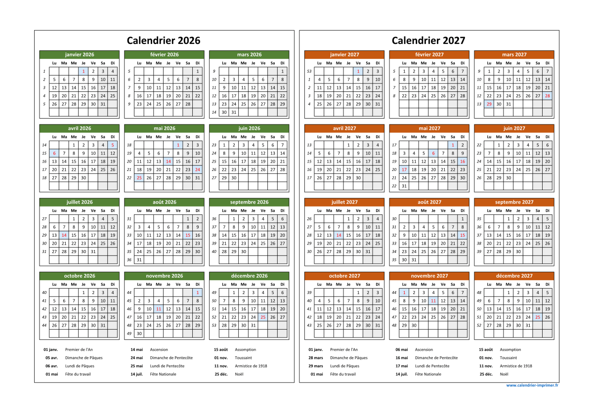 Calendrier 2026-2027 à imprimer