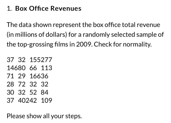 Solved HELP!!!1. Box Office Revenues The data shown | Chegg.com