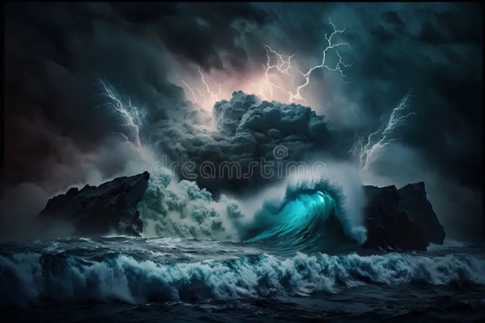 Premium AI Image | A stormy sky with a wave breaking on the rocks