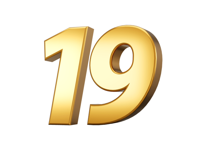 Golden metallic Number 19 Nineteen, 3d illustration 47072454 PNG